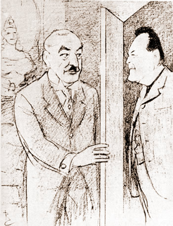 Caricatura de Ramón Columba alusiva a la entrevista del Presidente Sáenz Peña con Yrigoyen.